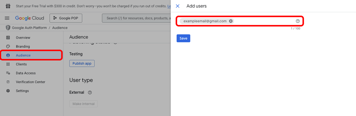 Google Cloud Console, Google Auth Platform, Audience page with the Add users window displayed and an example email address highlighted