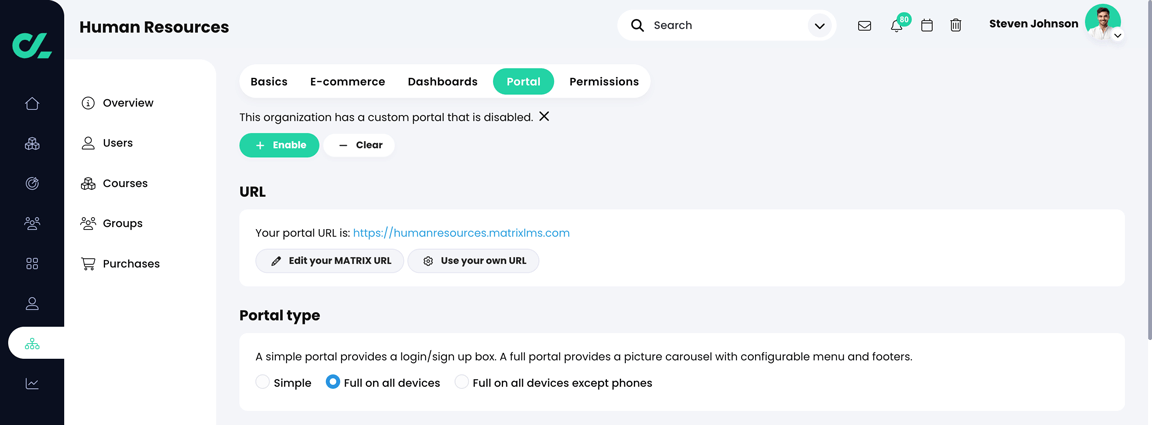 Organizations, Admin, Portal tab, Portal type section with Full on all devices selected