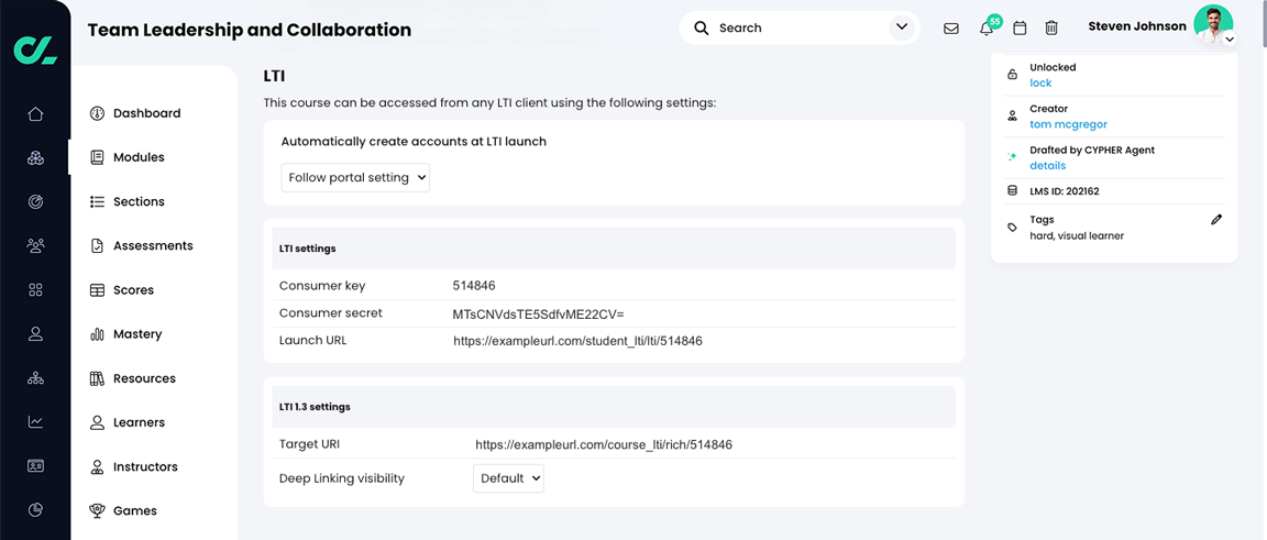 Course, Admin, More, LTI section with LTI and LTI 1.3 settings