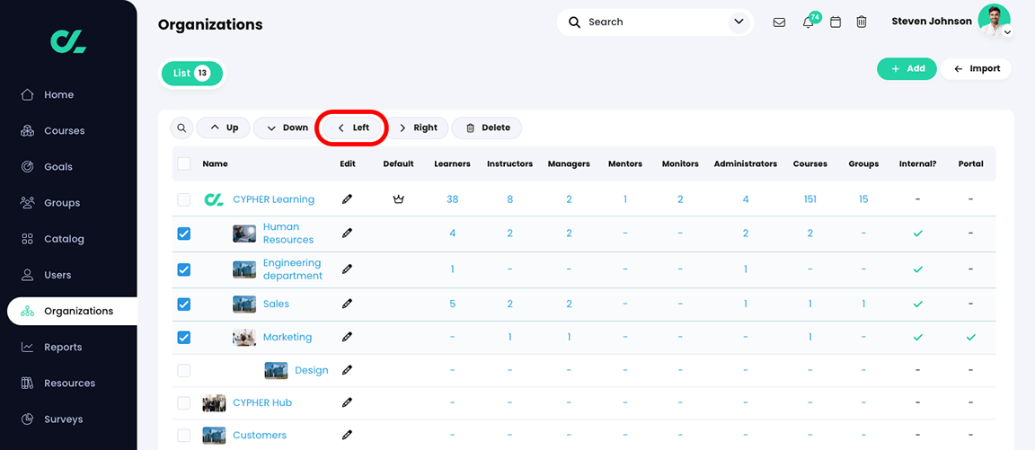 Organizations, List tab with multiple organizations selected and the Left button highlighted