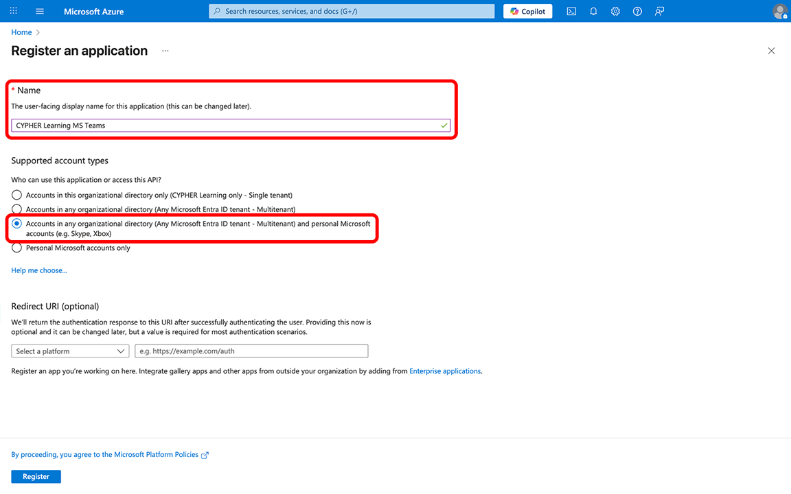 Azure portal, Register an application page with the Name field and Accounts in any organization directory (Any Microsoft Entra ID tenant - Multitenant) and personal Microsoft accounts radio button highlighted