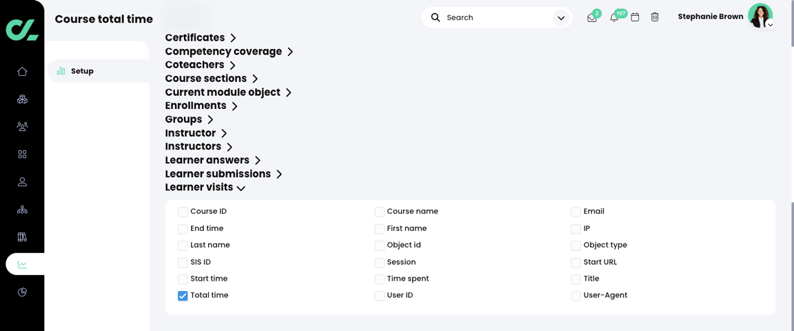 Report, Columns tab with the Learner visits section active and Total time selected