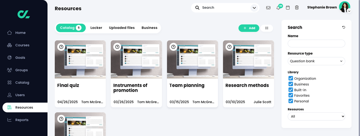 Resources, Catalog with the Question bank filter selected as the Resource type