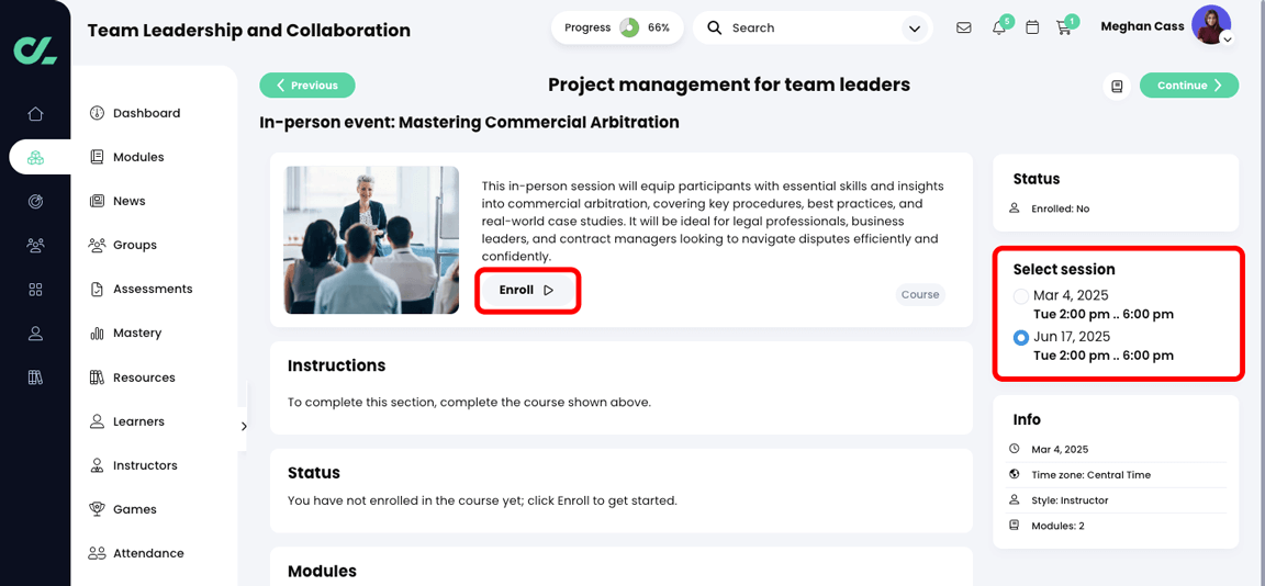 Learner perspective of a Course goal in a Path, with the Select session panel and Enroll button highlighted