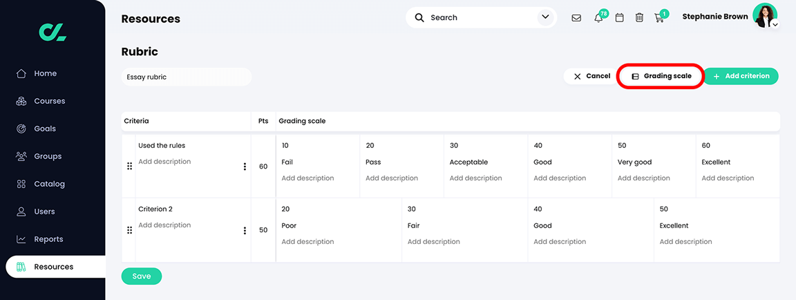 Resources, Rubric with the Grading scale button highlighted