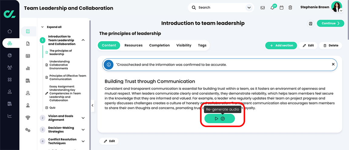 Course, page with Re-generate audio button highlighted