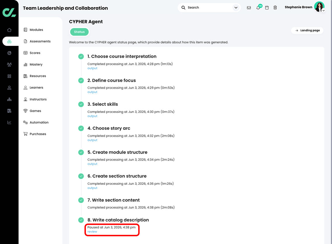 CYPHER Agent status page with the review button highlighted in the Write catalog description section