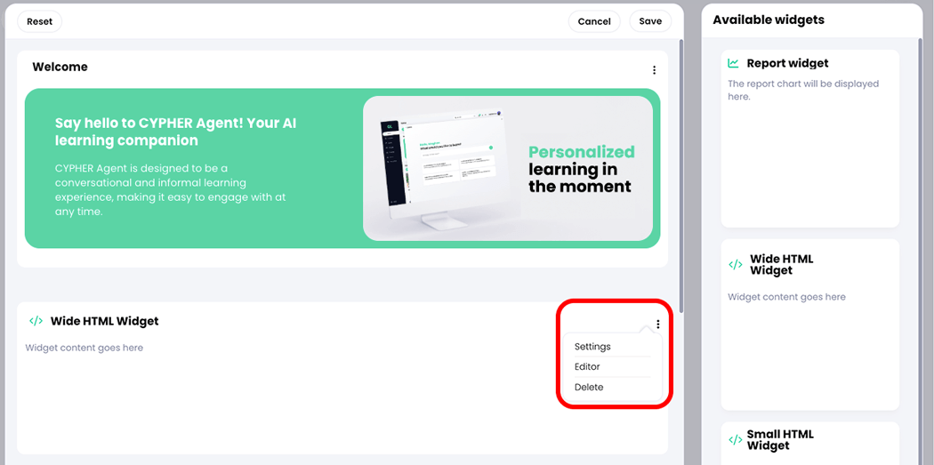 Center panel edit mode with the three dot menu active and highlighted on the Wide HTML widget
