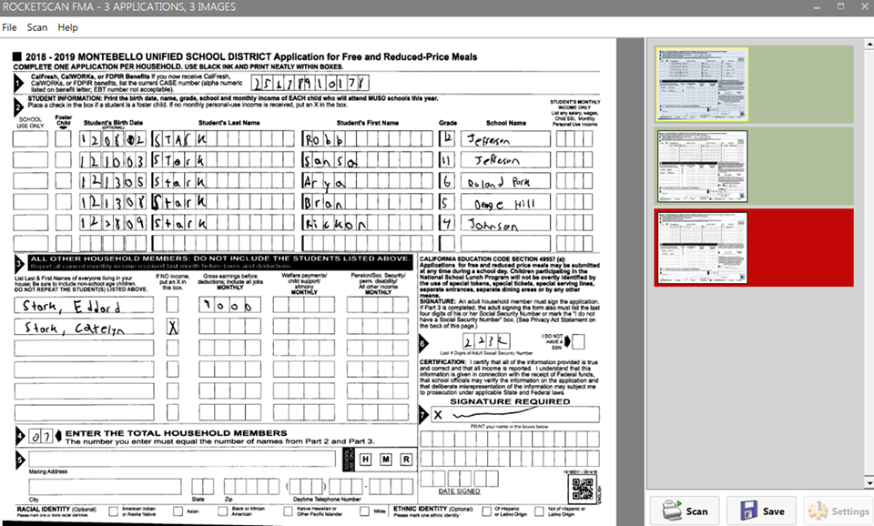 RocketSCAN Scan module after scanning a batch of 3 applications without red dropout enabled. The boxes surrounding the fields on the application are visible and one of the applications has a red background (instead of green) in the thumbnail pane.