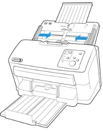 An illustration of a scanner with blue arrows indicating that the paper guides in the scanner's tray may need to be pushed inward.