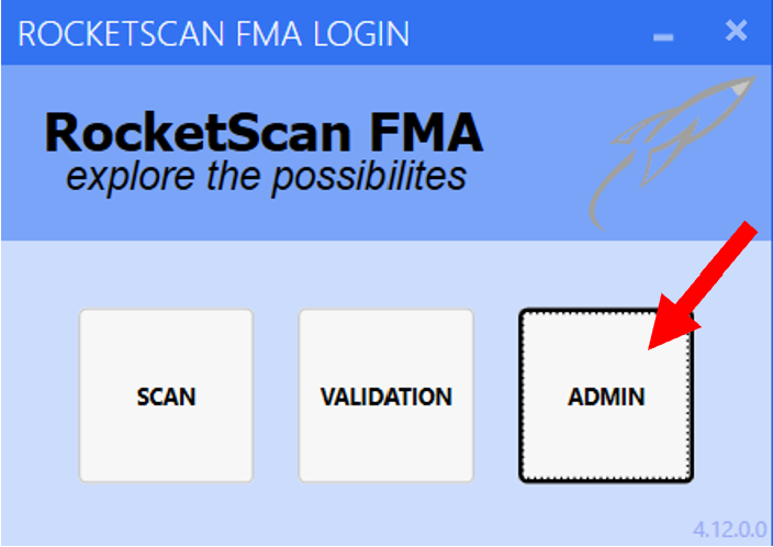 RocketSCAN launch pad with a red arrow pointing to the Admin button.