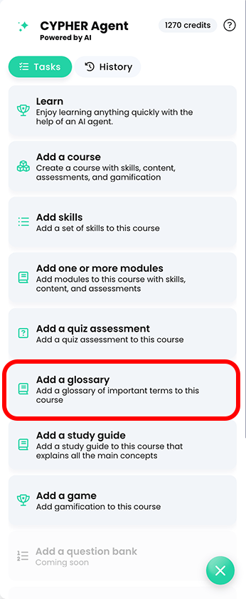 CYPHER Agent menu, Add a glossary highlighted