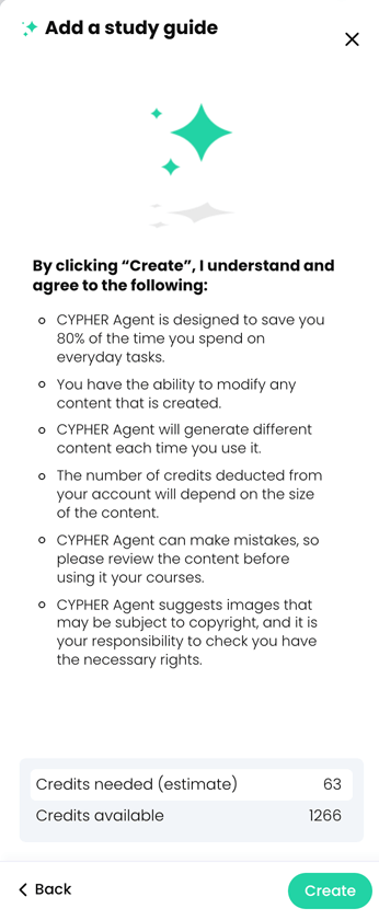 CYPHER Agent menu, Add a study guide disclaimer