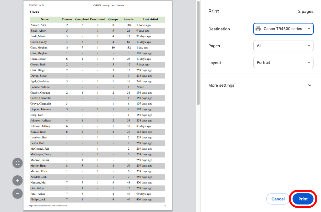 Browser Print pop-up with a user list preview and the Print icon highlighted