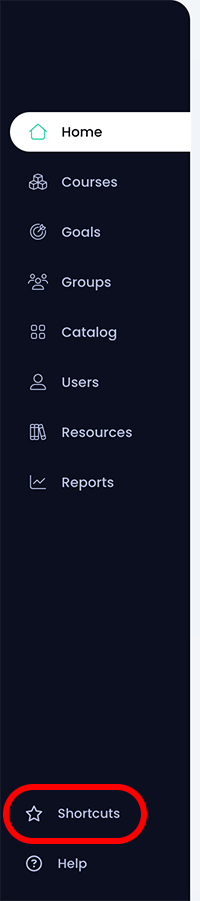 Left bar navigation showing the Shortcuts and Help links at the bottom