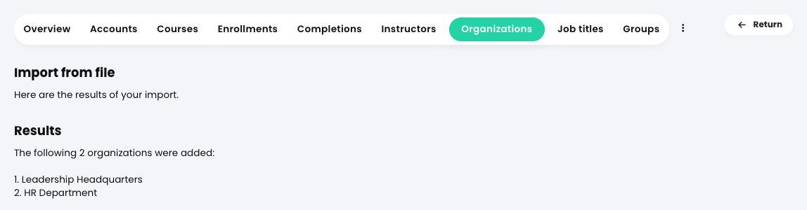 Admin, Import, Organizations tab, Import results