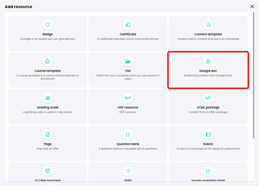 Add resource popup with the Google Drive resource type highlighted