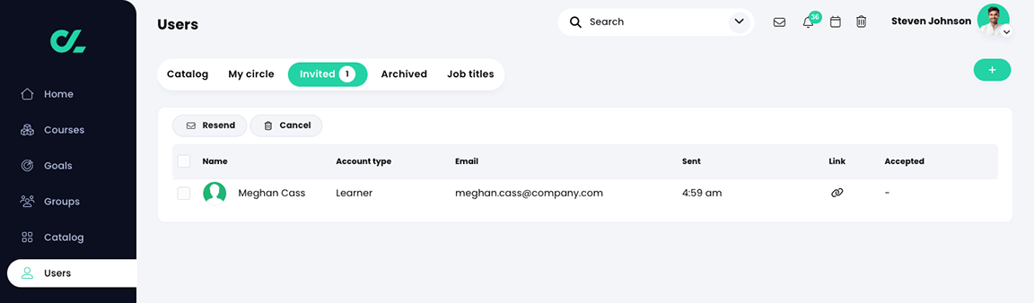 Users, Invited tab with one user listed
