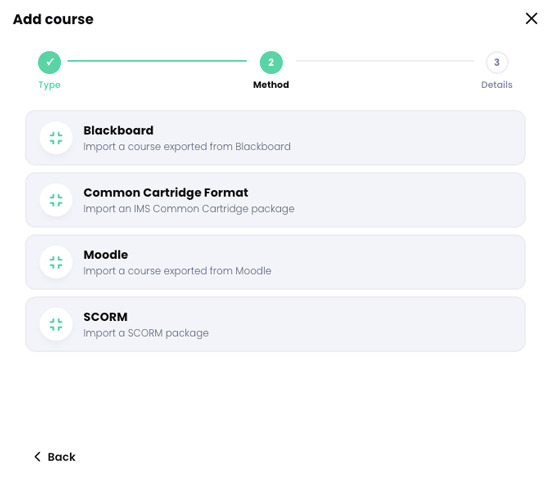 Add course popup, Method step, Import package options