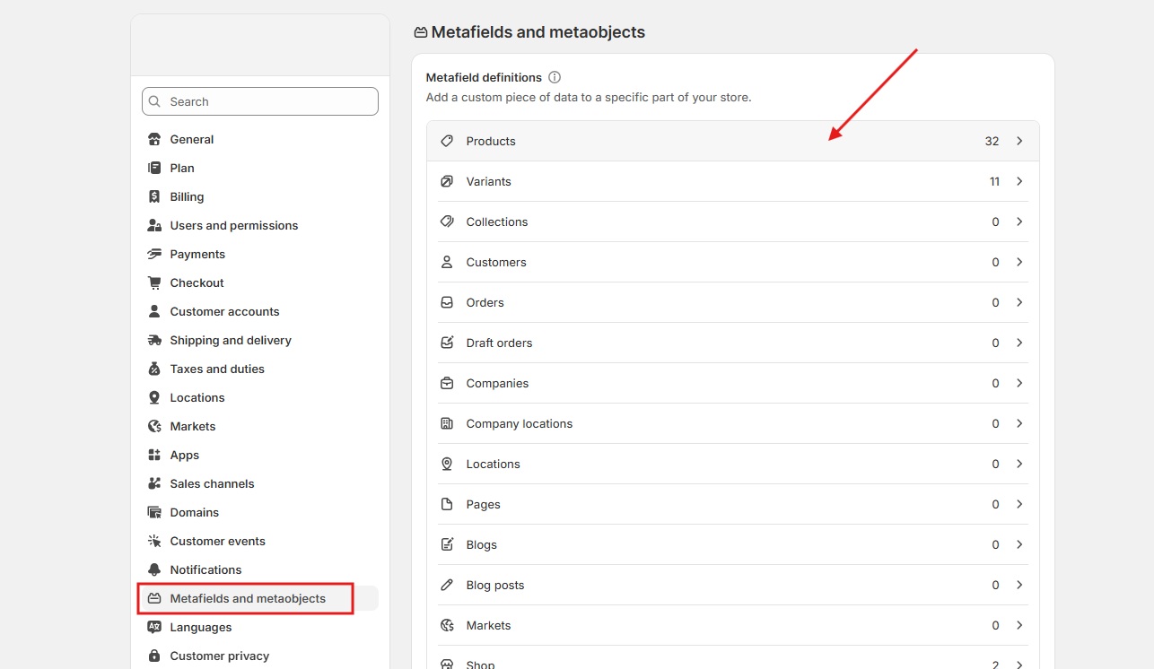 where to configure product metafield