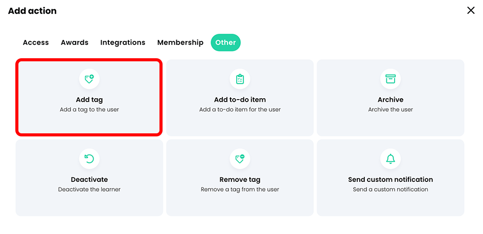 Add action pop-up, Other tab with the Add tag button highlighted