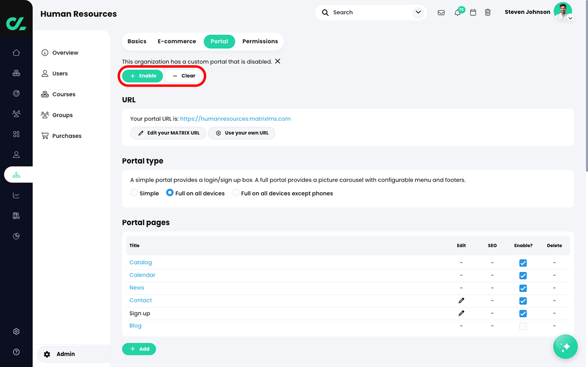 Organization, Admin, Portal tab with the Enable and Clear buttons highlighted
