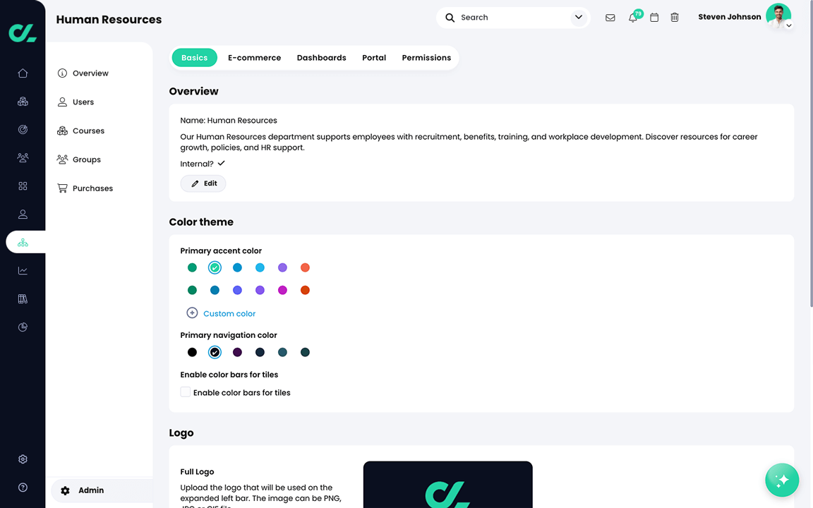 Organization, Admin, Basics tab with a Primary accent color and Primary navigation color selected in the Color theme section