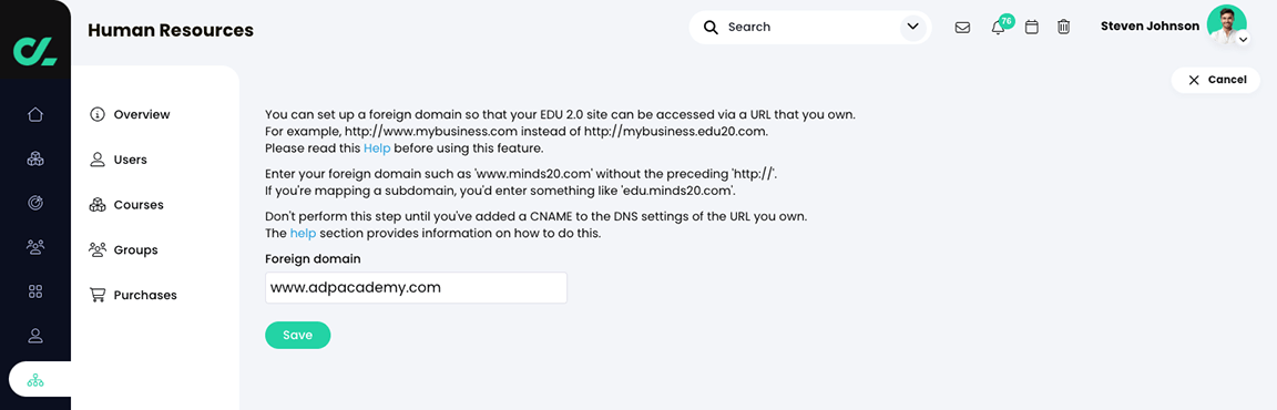Organization, Admin, Portal, Use your own URL page with an example of a Foreign domain