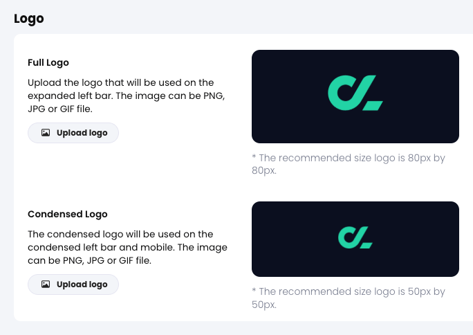 Organization, Admin, Basics tab with a Full Logo and Condensed Logo uploaded in the Logo section