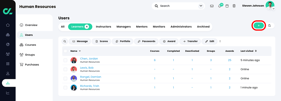 Organization, Users, Learners tab with a list of learners for the organization and the Add button highlighted