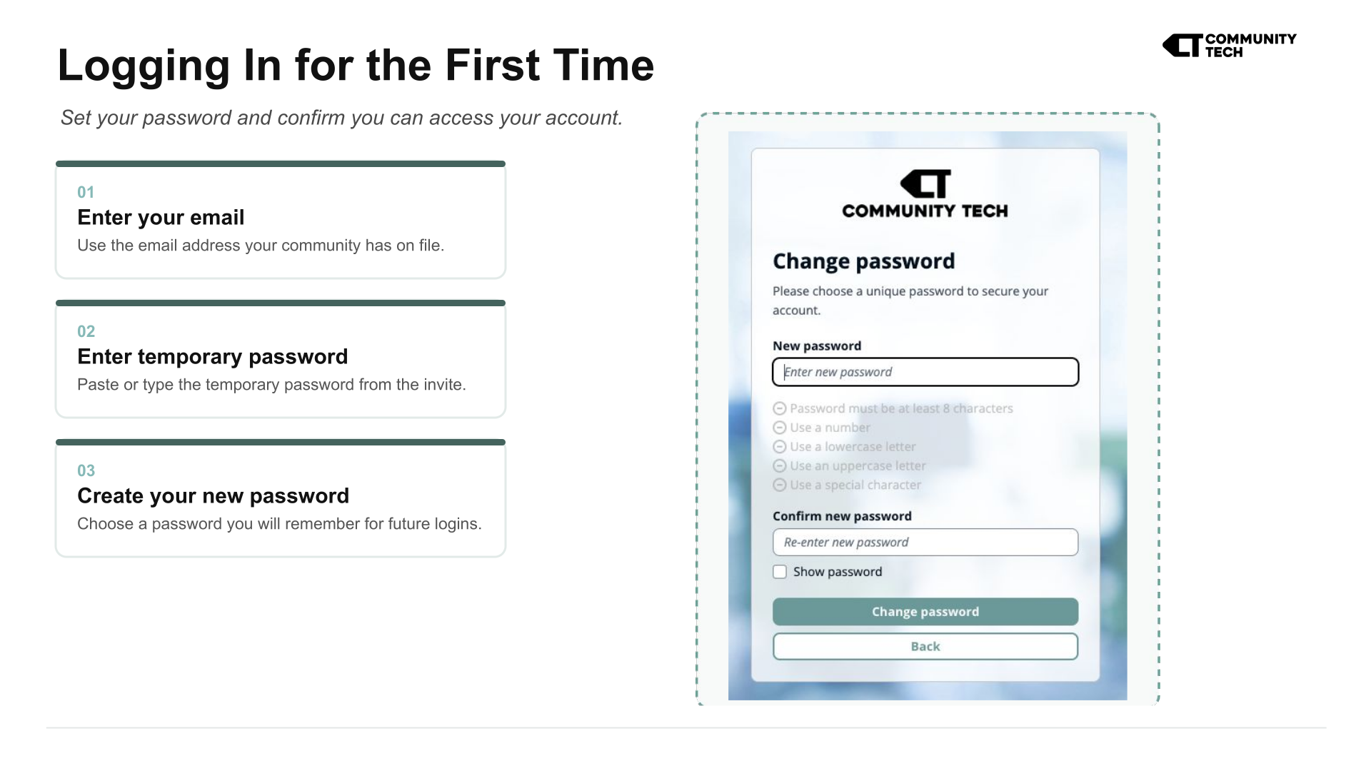 Logging In for the First Time. Set your password and confirm you can access your account.