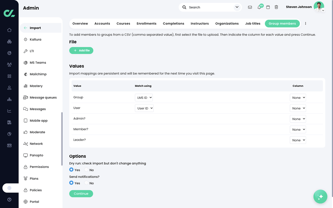 Admin, Import, Group members tab 