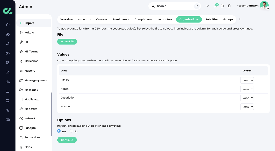 Admin, Import, Organizations tab 