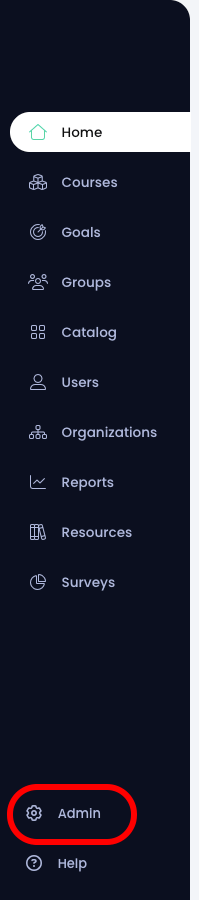 Left bar navigation with Admin highlighted