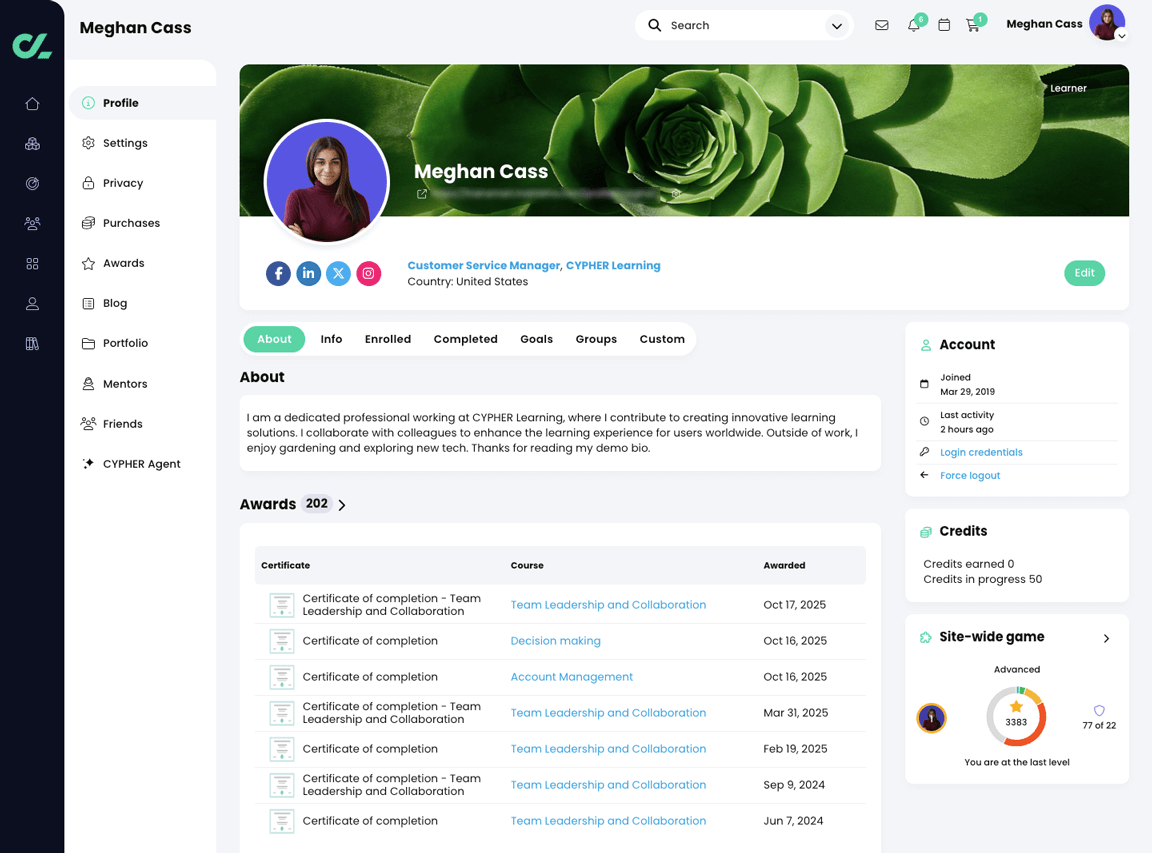 Profile page, About tab