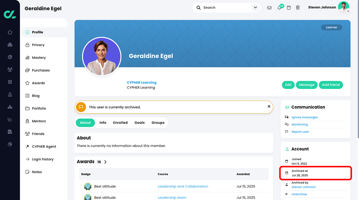 User profile page with the Archived date information highlighted in the Account widget