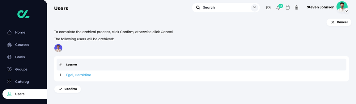 Users, confirm user archive page for one user