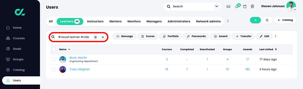 Users, Learners tab with two tags added and highlighted in the Search bar