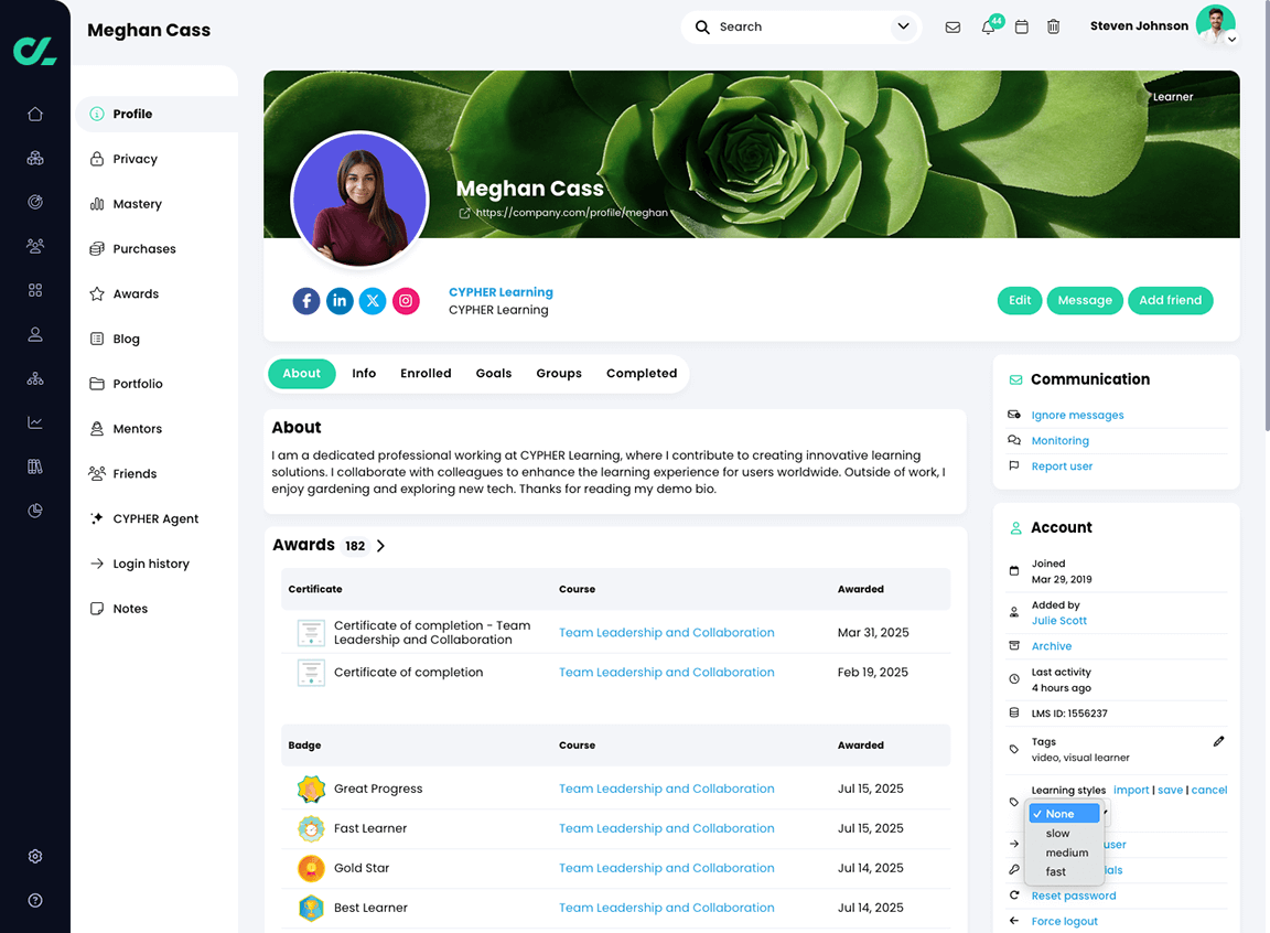 User profile picture with an example of an advanced tag drop-down menu in the Account widget
