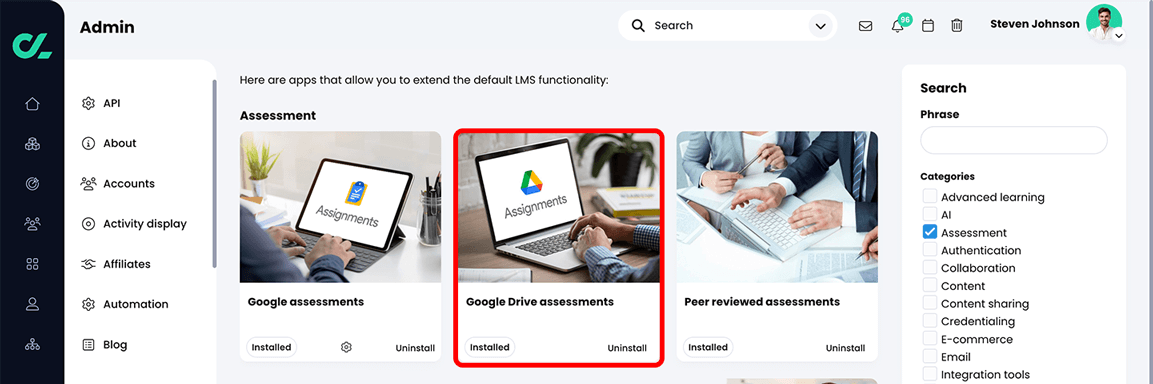 Admin, App center with the Google Drive assessments app highlighted in the Assessment section