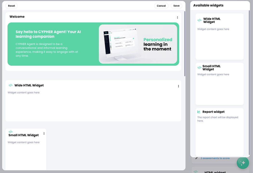 Center panel edit mode with the Wide HTML Widget and Small HTML Widget shown on the center panel