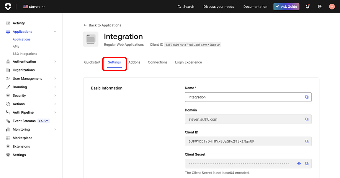 Auth0, Applications, Settings tab with the Settings tab highlighted