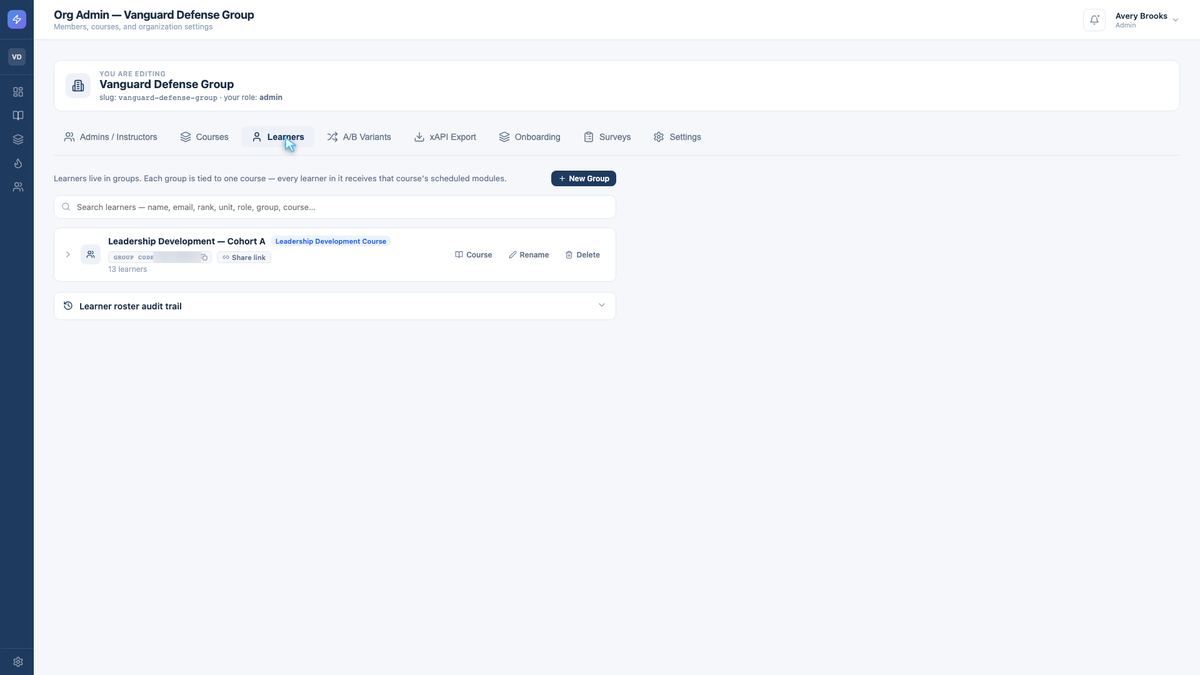 Org Admin Learners tab with the course group listed