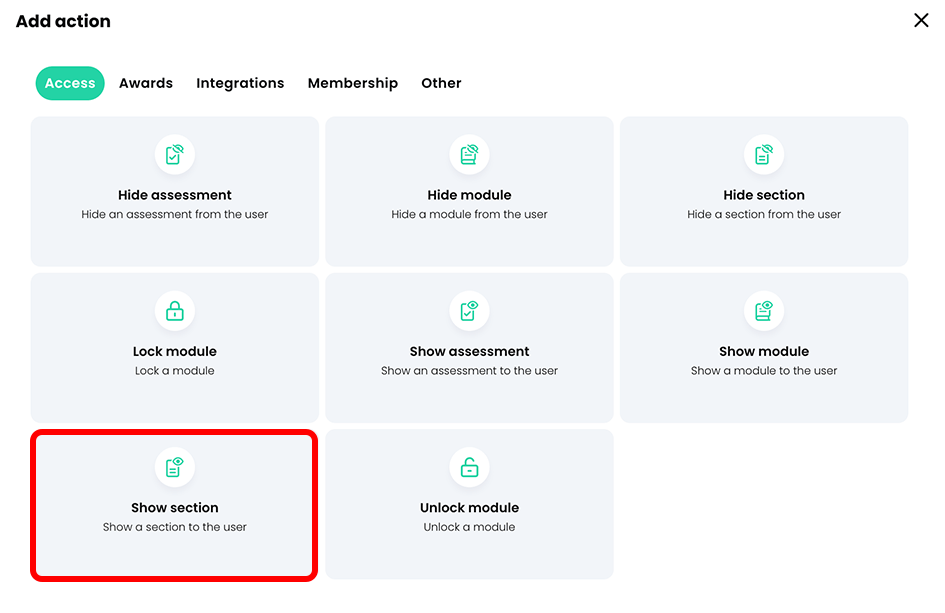 Add action pop-up, Access tab with the Show section button highlighted