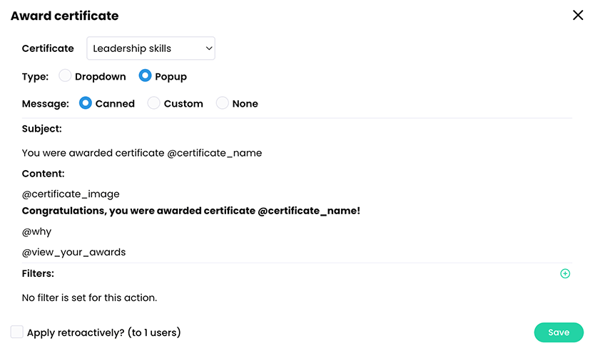 Award certificate pop-up with a certificate selected