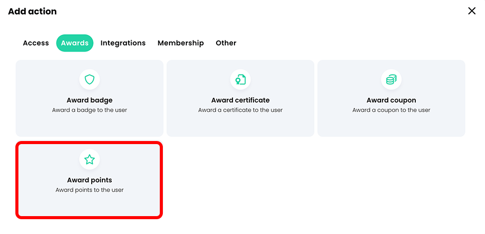 Add action pop-up, Awards tab with the Award points button highlighted