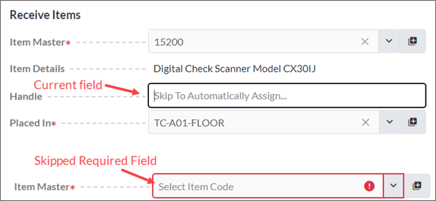 Heavy border indicates current field. Red border indicates a skipped required field.