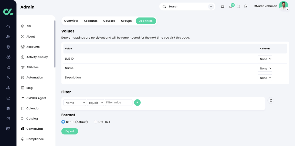 Admin, Export, Job titles tab