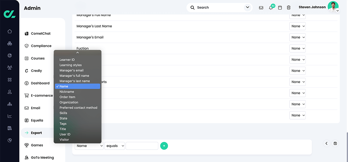 Admin, Export, Accounts tab, Filters section with the first filter drop-down menu active