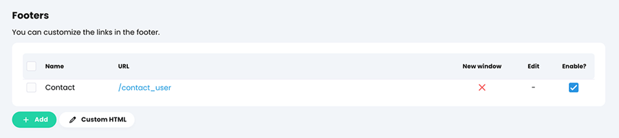 Admin, Portal, User view tab, Footers section